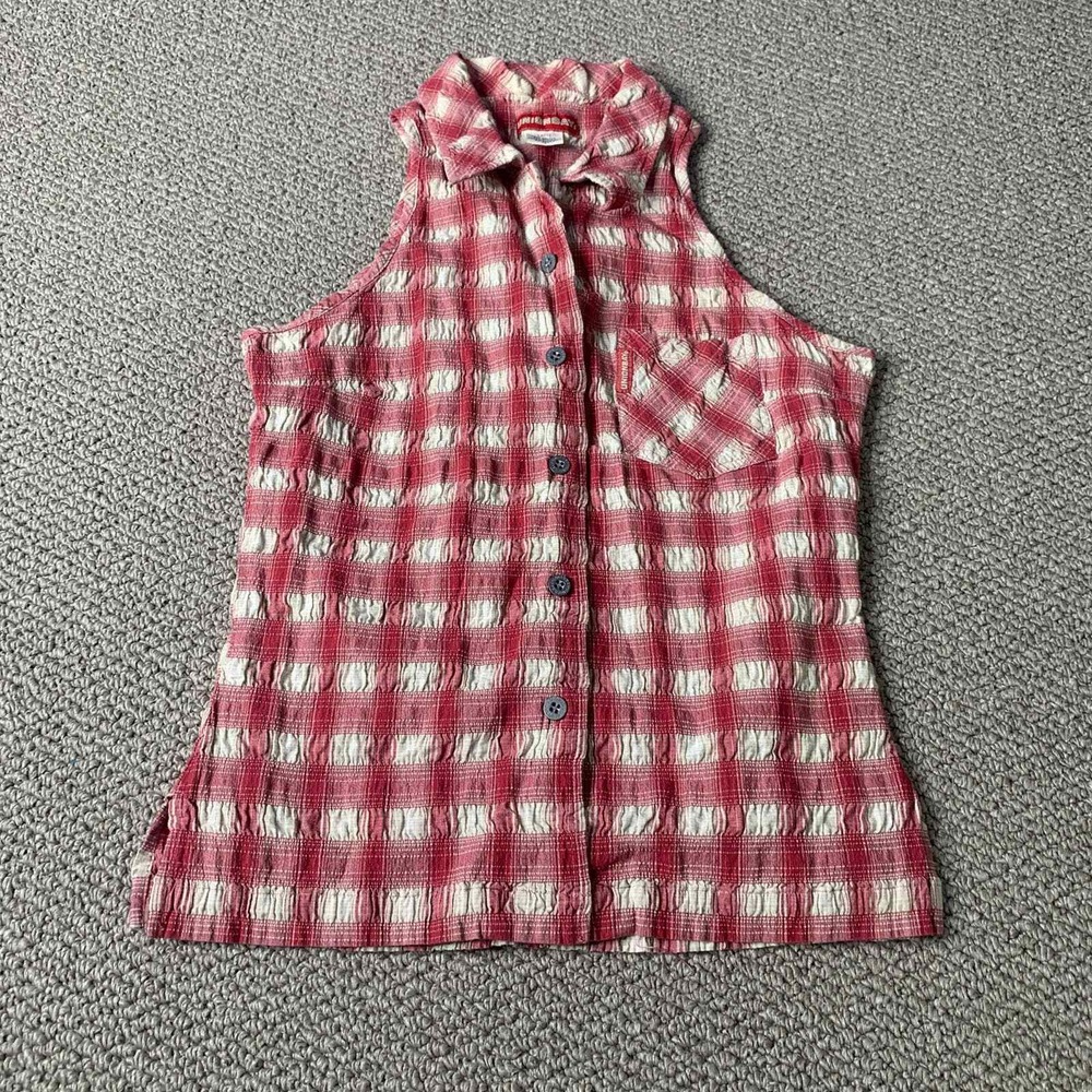 Vintage Union Bay Womens Shirt L Red Cream Plaid Sleeveless Button Up Y2K Retro